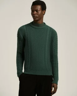 PINE GREEN CABLE-KNIT CASHMERE CREWNECK SWEATER