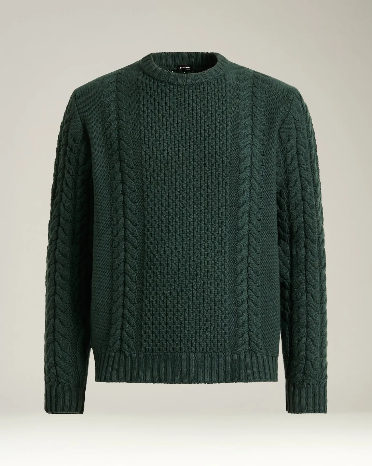 PINE GREEN CABLE-KNIT CASHMERE CREWNECK SWEATER