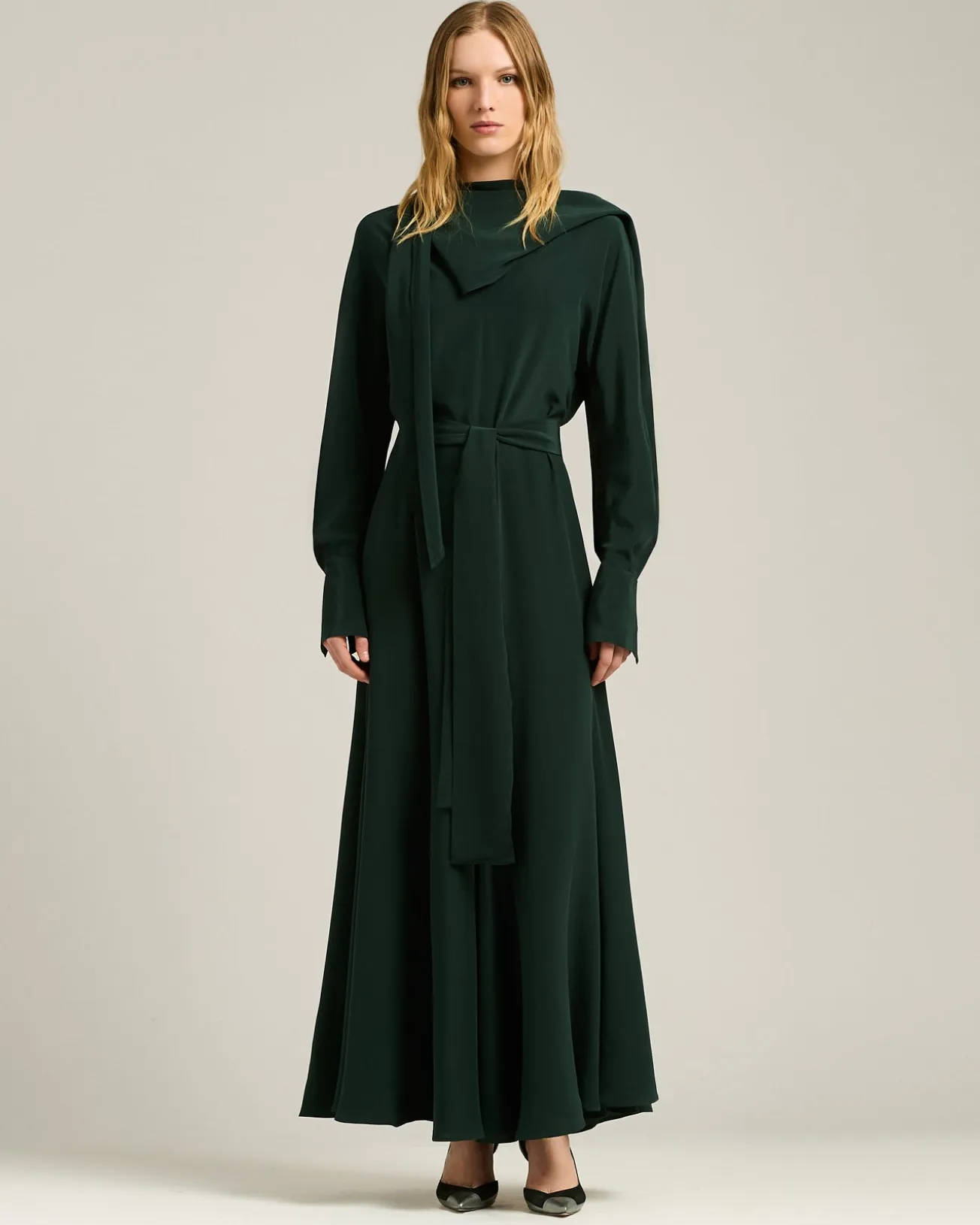 PINE GREEN LONG SILK DRESS WITH DRAPED NECKLINE