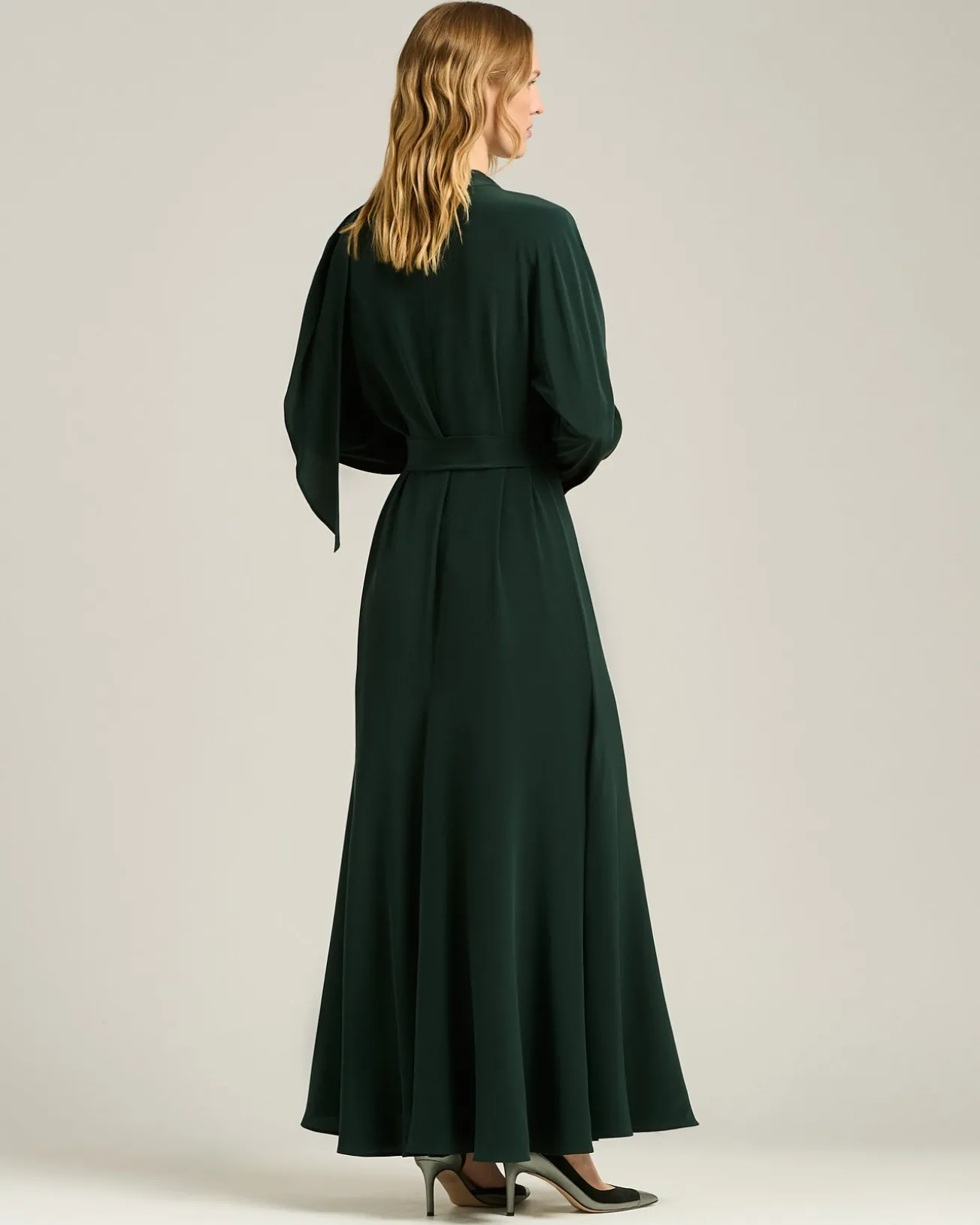PINE GREEN LONG SILK DRESS WITH DRAPED NECKLINE