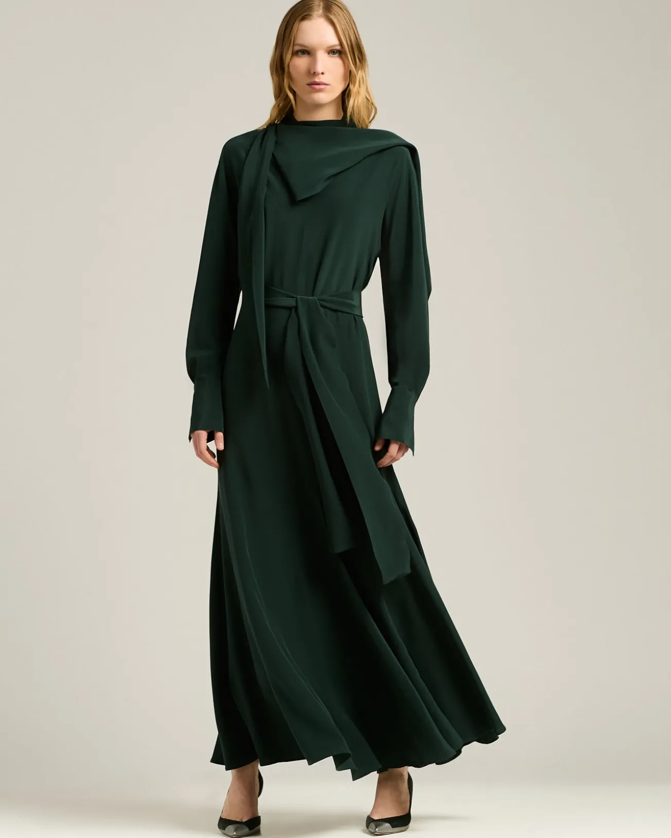 PINE GREEN LONG SILK DRESS WITH DRAPED NECKLINE