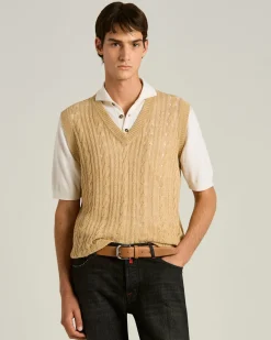 PURE LINEN CABLE KNIT V-NECK SWEATER IN BEIGE