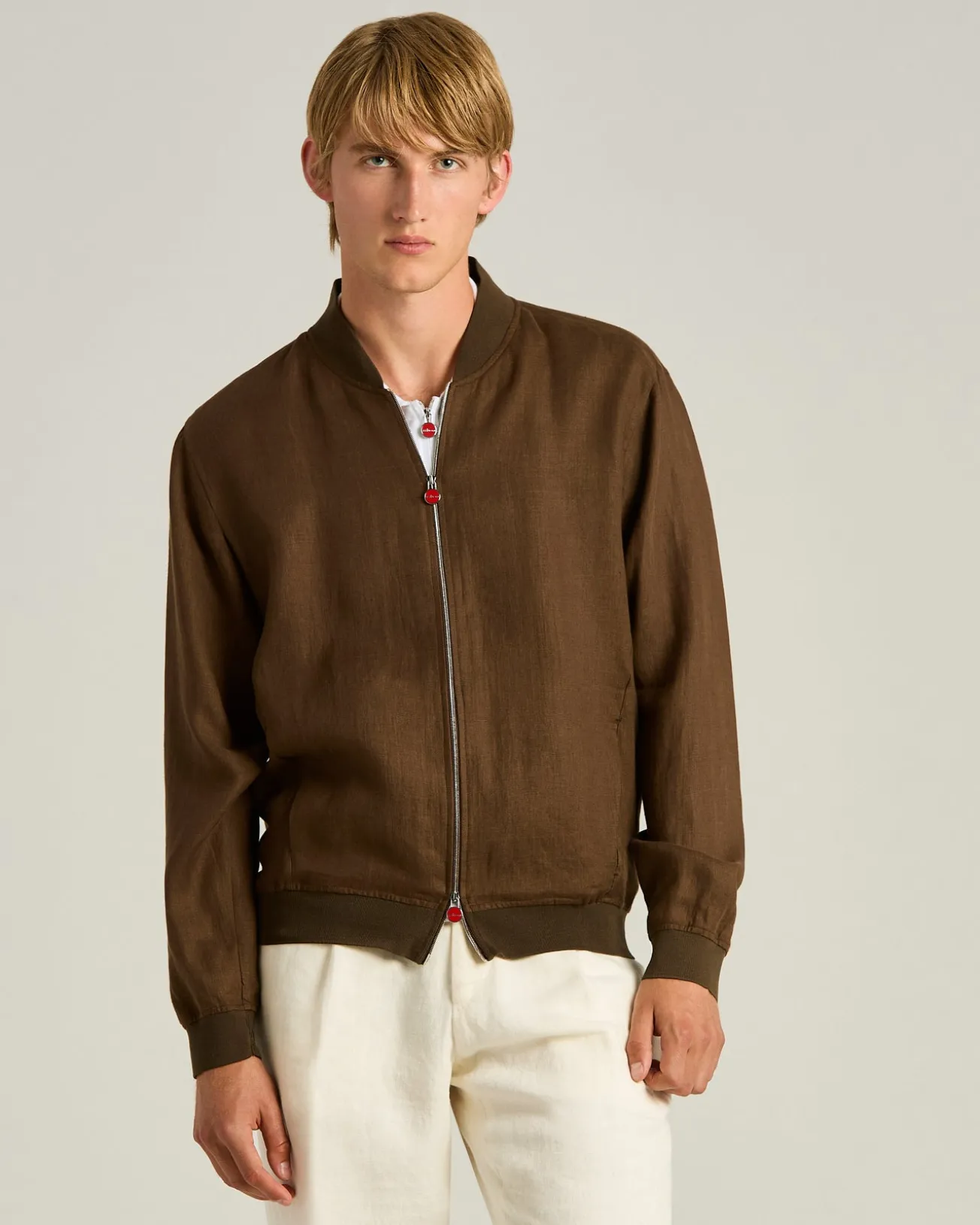 PURE LINEN JACKET WITH ZIP IN BROWN
