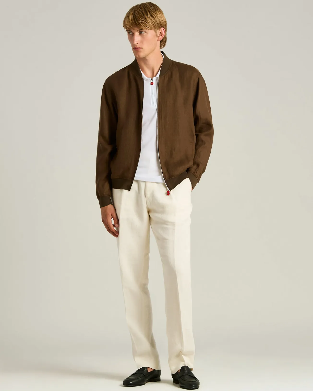 PURE LINEN JACKET WITH ZIP IN BROWN