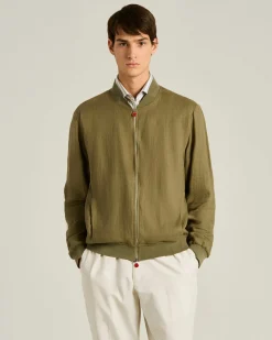 PURE LINEN JACKET WITH ZIP IN KHAKI