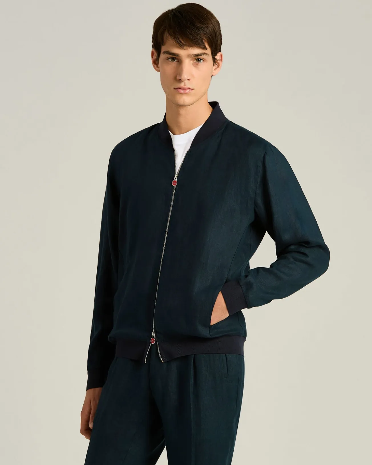 PURE LINEN JACKET WITH ZIP IN NAVY BLUE