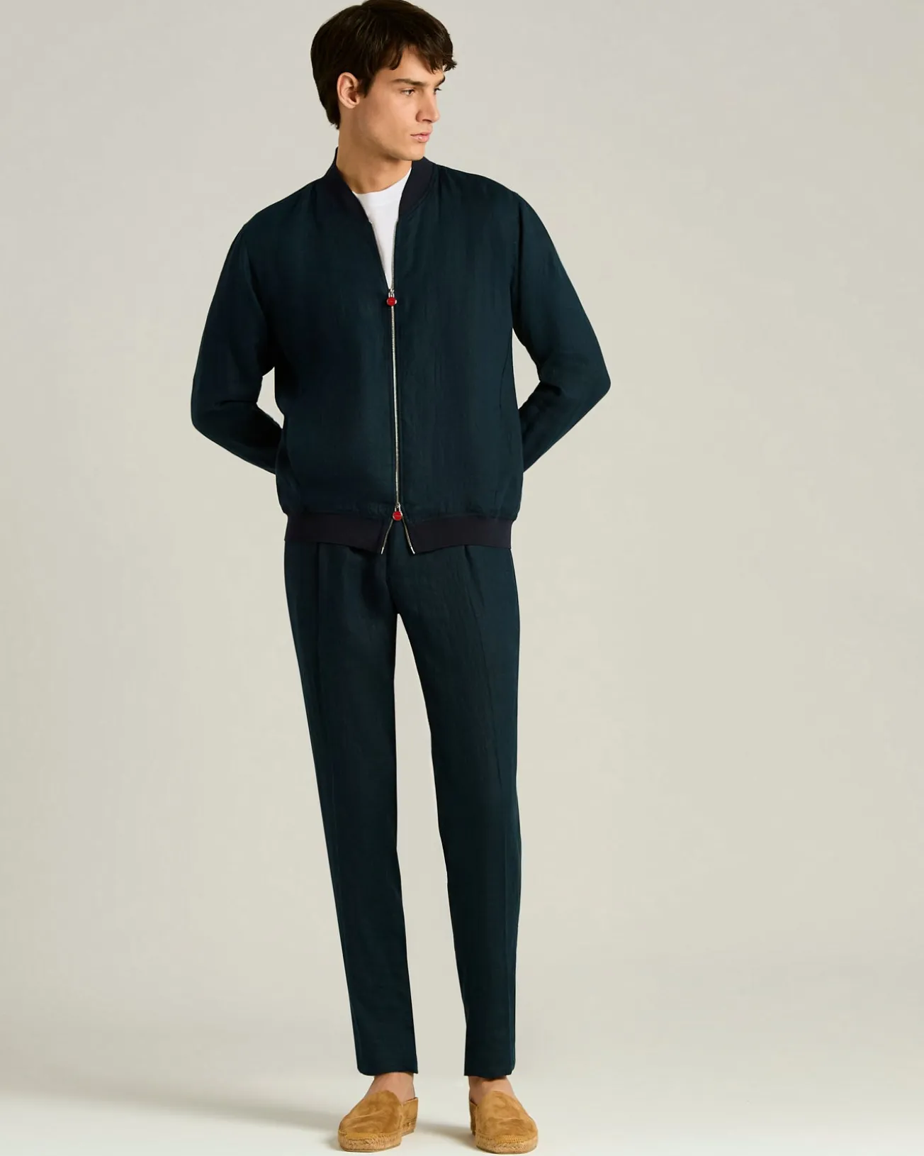 PURE LINEN JACKET WITH ZIP IN NAVY BLUE