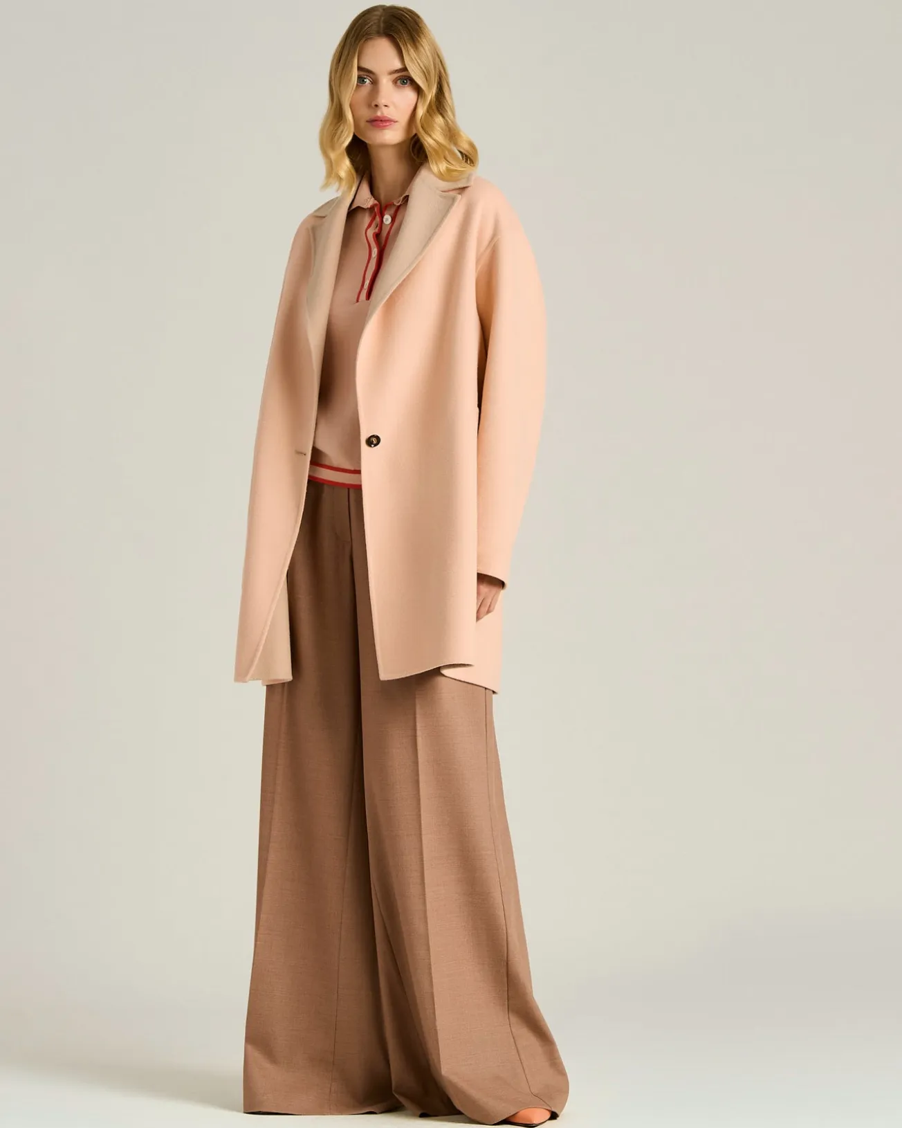 PURE WOOL ROSE OVERCOAT WITH CALFSKIN DETAIL AND SILK LINING