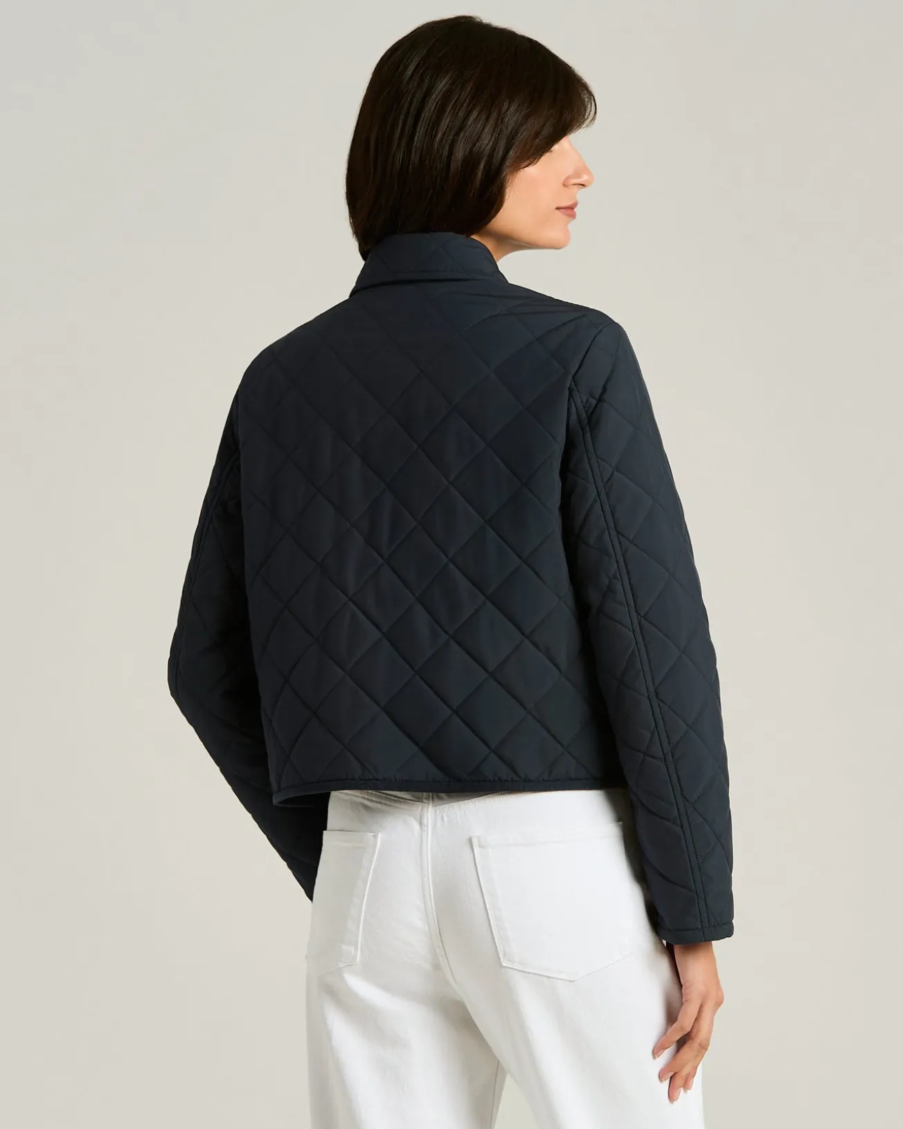 QUILTED BLUE JACKET WITH SIMPLE DESIGN WITH CALFSKIN DETAILS AND DOWN FILLING