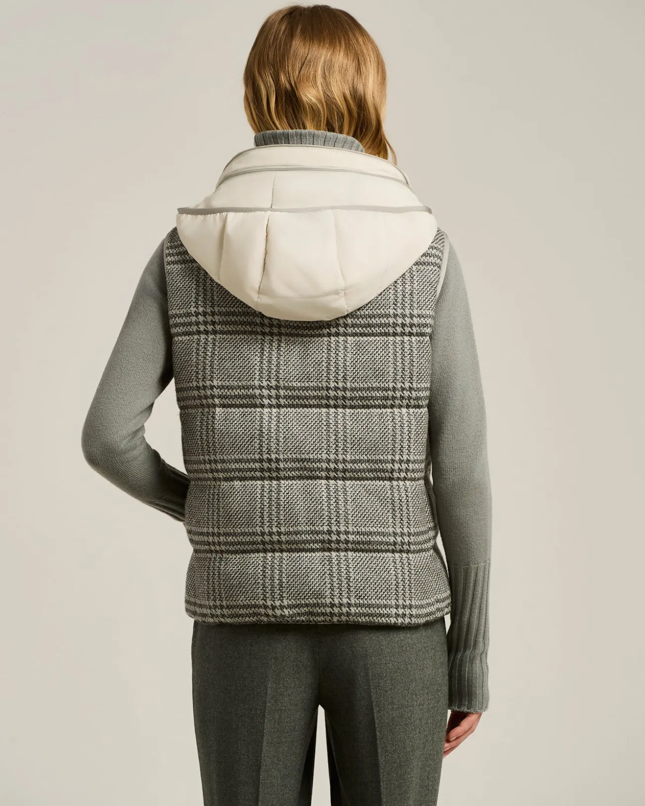 REVERSIBLE PADDED SILK AND CASHMERE VEST WITH HOOD