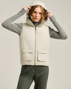 REVERSIBLE PADDED SILK AND CASHMERE VEST WITH HOOD