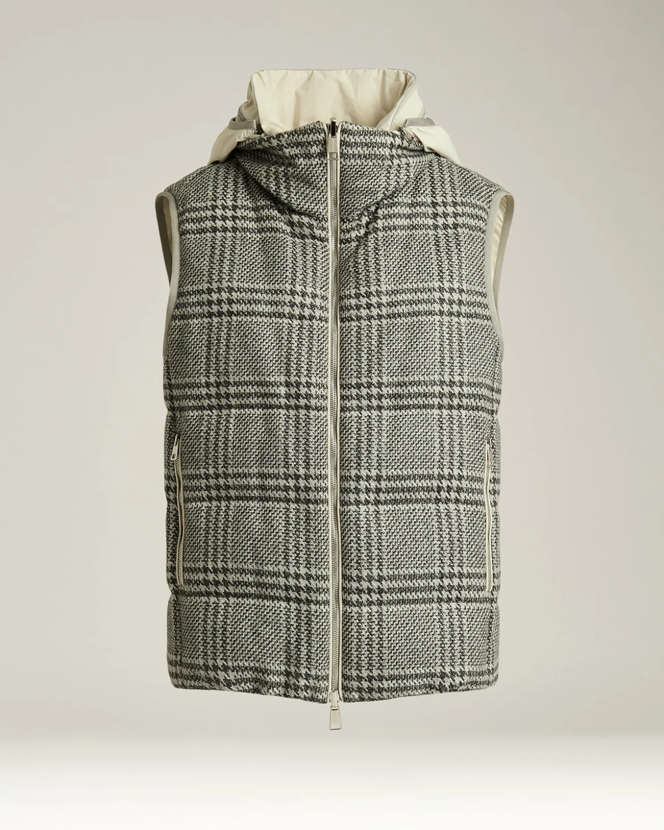 REVERSIBLE PADDED SILK AND CASHMERE VEST WITH HOOD