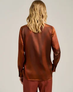 RUST-COLORED PRINTED SILK BLOUSE WITH TIE NECK
