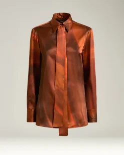 RUST-COLORED PRINTED SILK BLOUSE WITH TIE NECK
