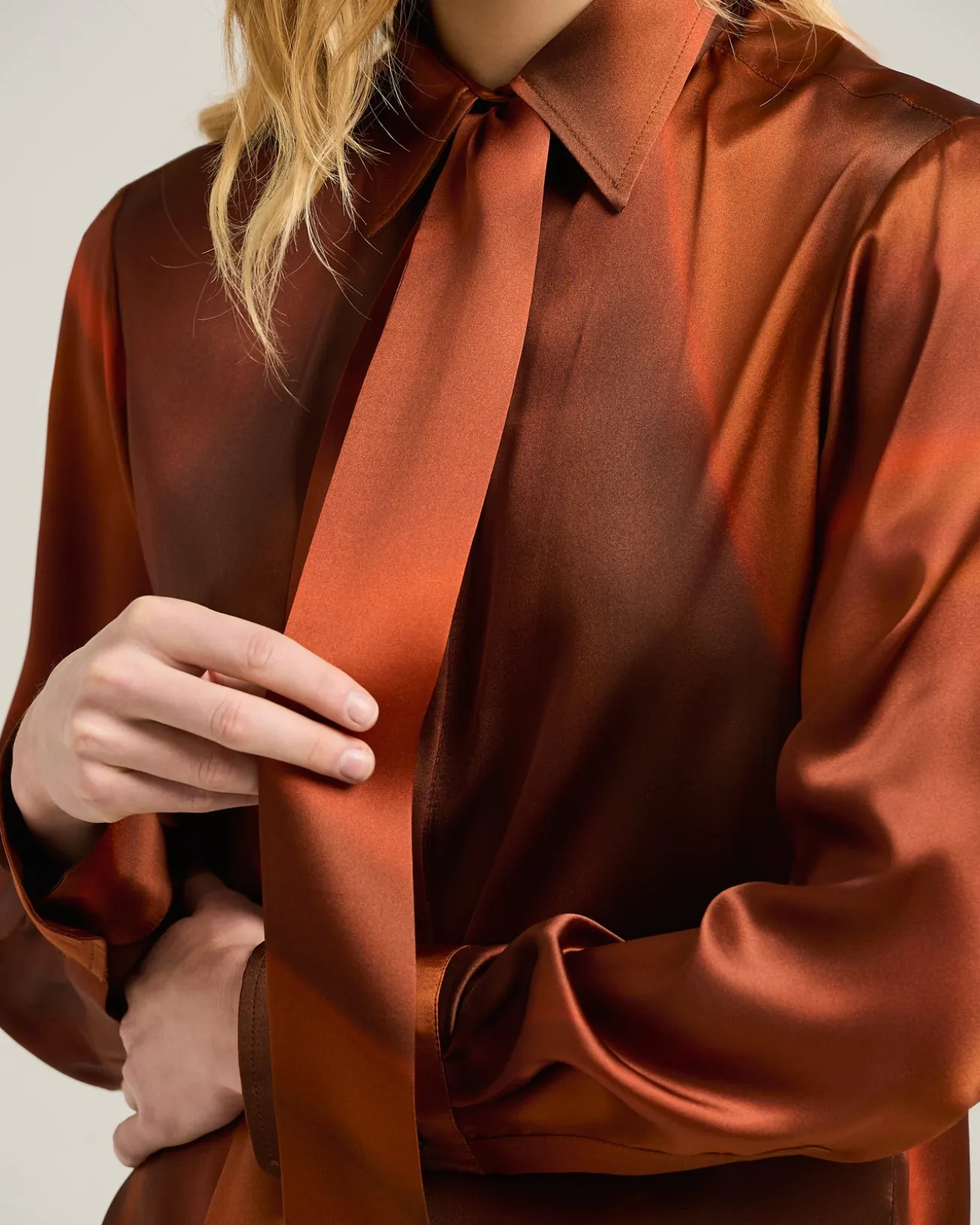 RUST-COLORED PRINTED SILK BLOUSE WITH TIE NECK