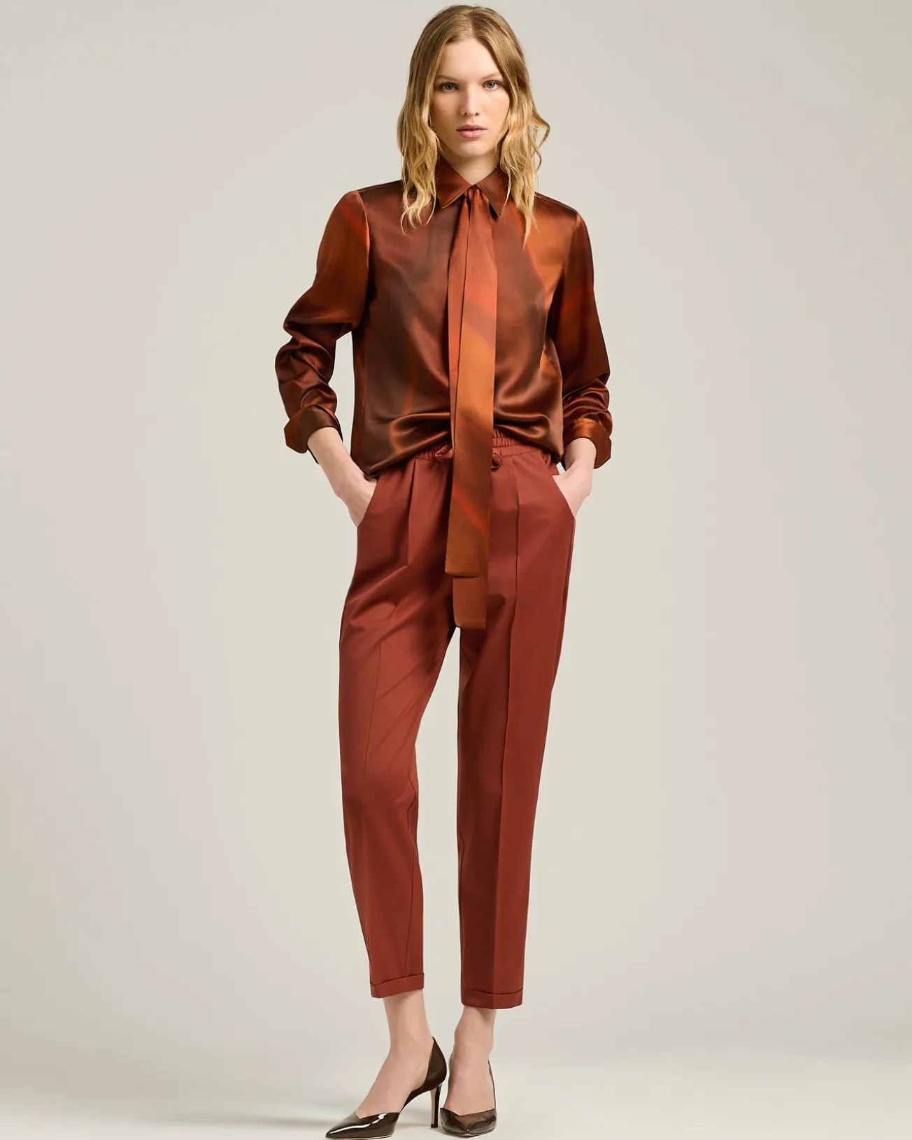 RUST-COLORED PRINTED SILK BLOUSE WITH TIE NECK