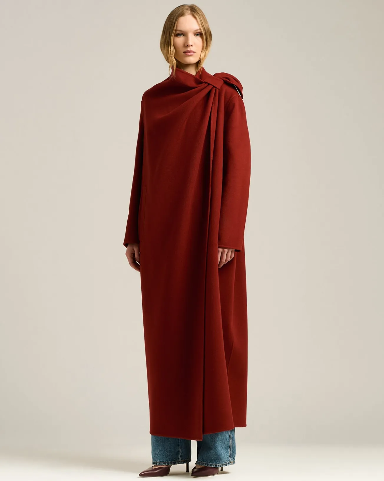 RUST LONG PURE CASHMERE COAT WITH SARTORIAL KNOT