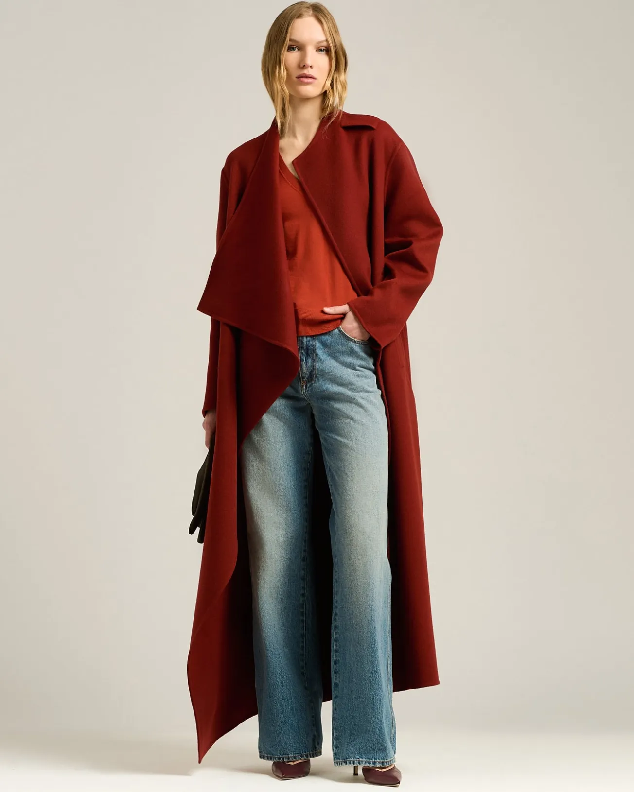 RUST LONG PURE CASHMERE COAT WITH SARTORIAL KNOT