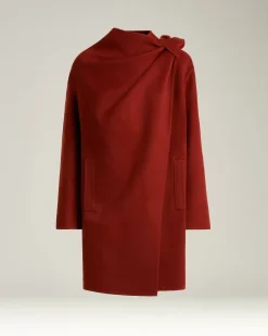 RUST PURE CASHMERE COAT WITH ASYMMETRIC DRAPING