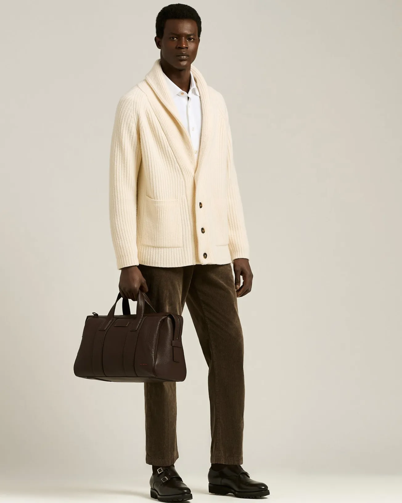 SHAWL COLLAR CARDIGAN IN WHITE WOOL AND CASHMERE