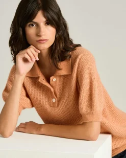 SHORT-SLEEVED CASHMERE AND SILK POLO SHIRT IN PEACH PINK AND WHITE