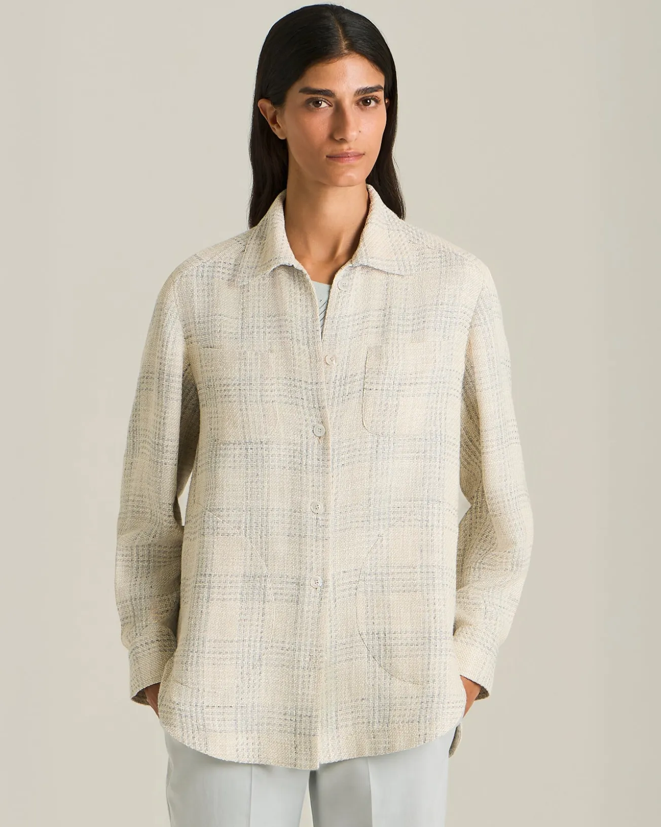 SILK AND LINEN BLEND CHECKED OVERSHIRT