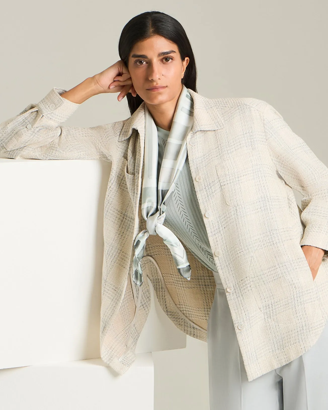 SILK AND LINEN BLEND CHECKED OVERSHIRT