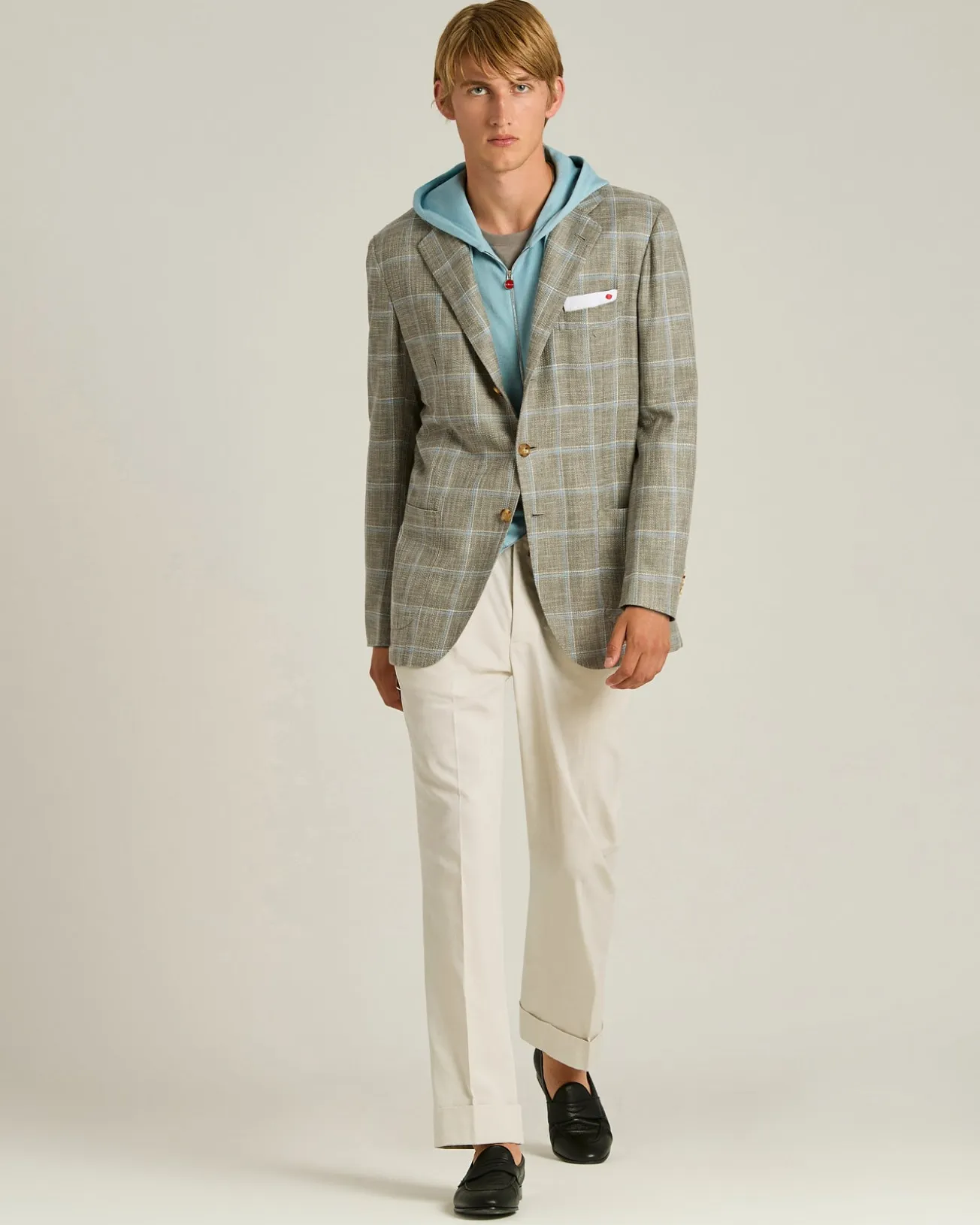 SILK COTTON CASHMERE CHECKED SINGLE-BREASTED JACKET IN BEIGE