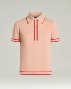 SILK POLO SHIRT WITH CONTRASTING TRIMS IN PEACH PINK AND CORAL