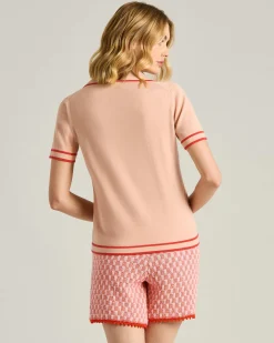 SILK POLO SHIRT WITH CONTRASTING TRIMS IN PEACH PINK AND CORAL