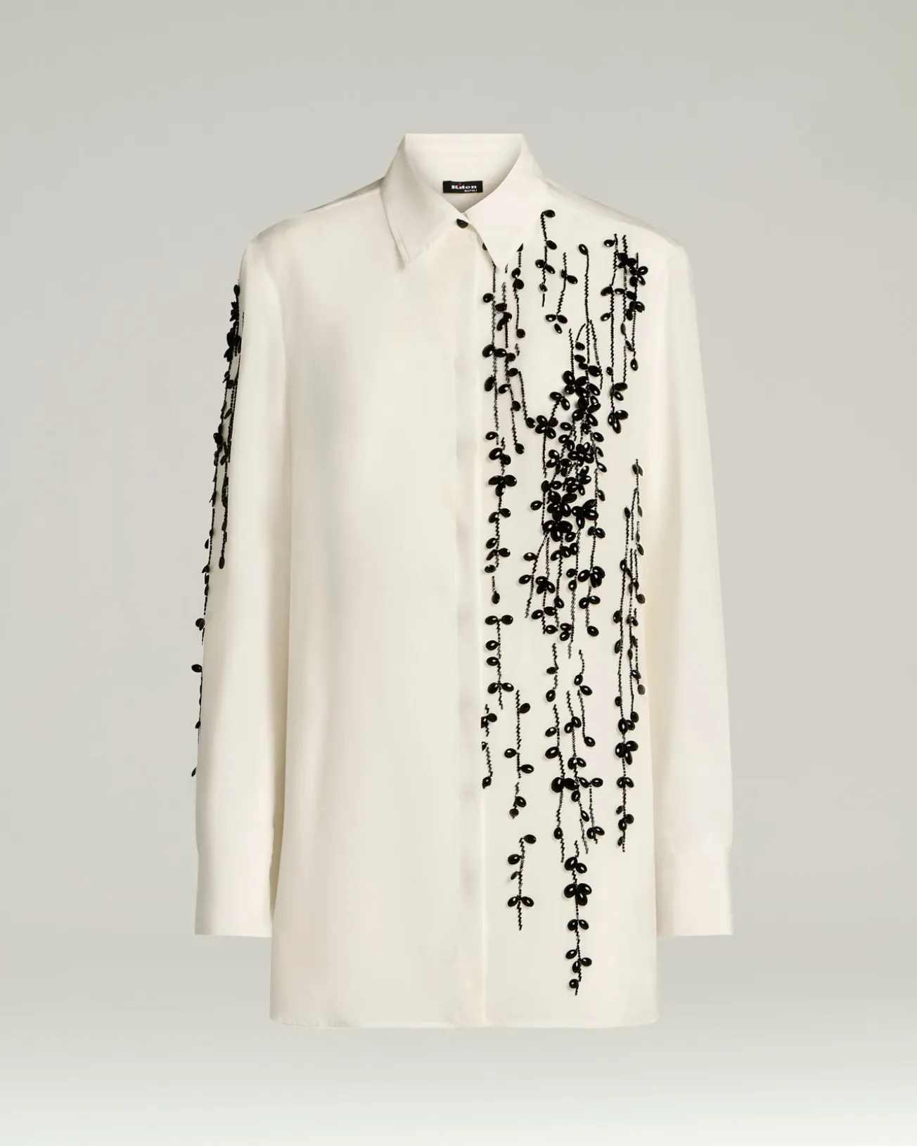 SILK SATIN SHIRT WITH HAND-EMBROIDERED DESIGN IN WHITE