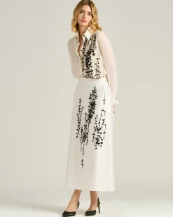SILK SATIN SHIRT WITH HAND-EMBROIDERED DESIGN IN WHITE