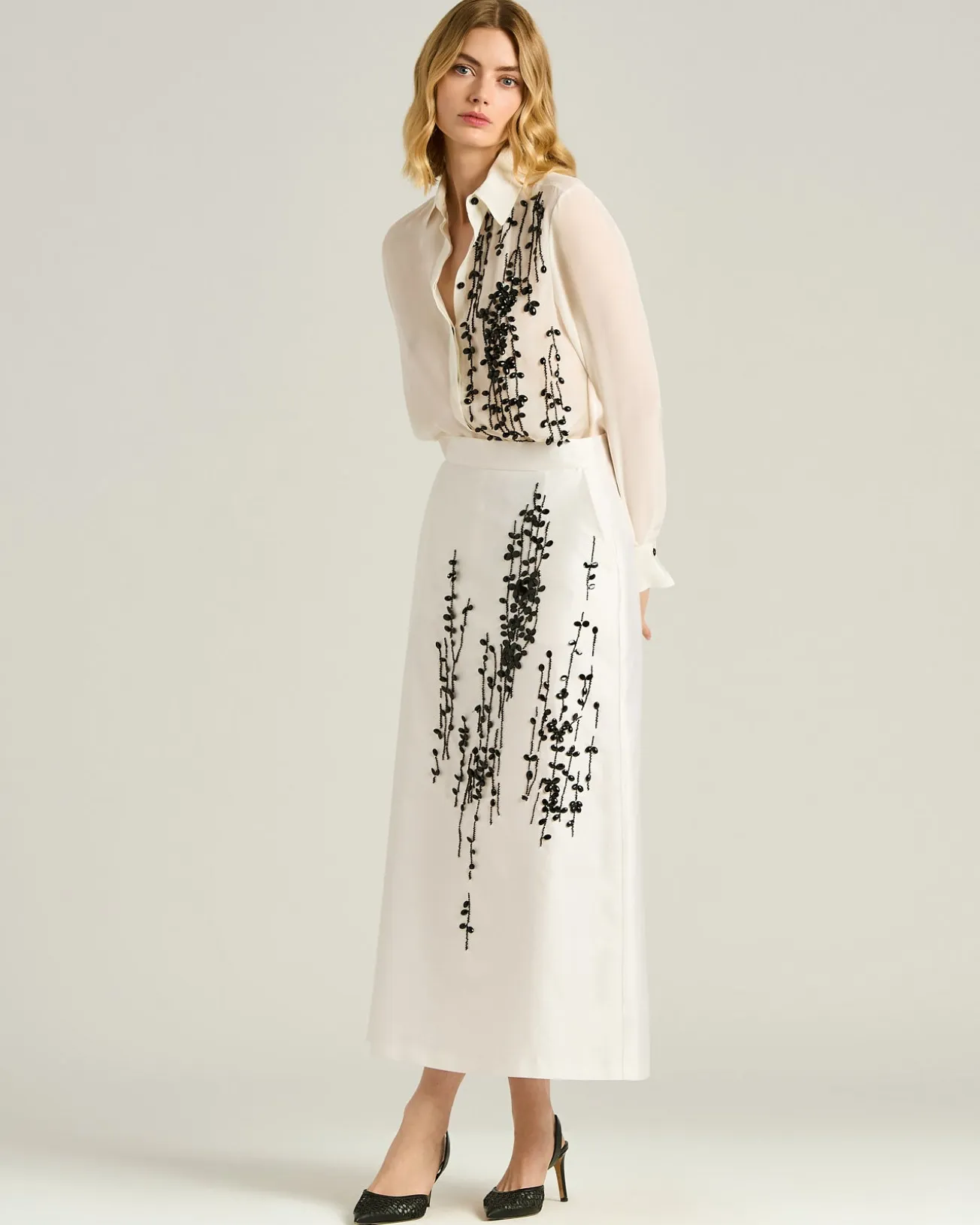 SILK SATIN SHIRT WITH HAND-EMBROIDERED DESIGN IN WHITE