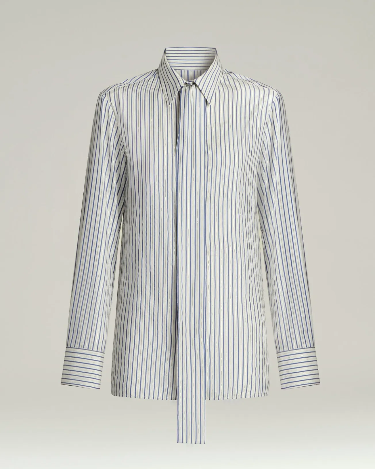 SILK SHIRT WITH TIE DETAIL WHITE AND BLUE