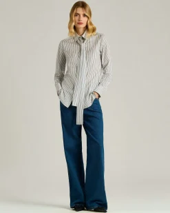 SILK SHIRT WITH TIE DETAIL WHITE AND BLUE