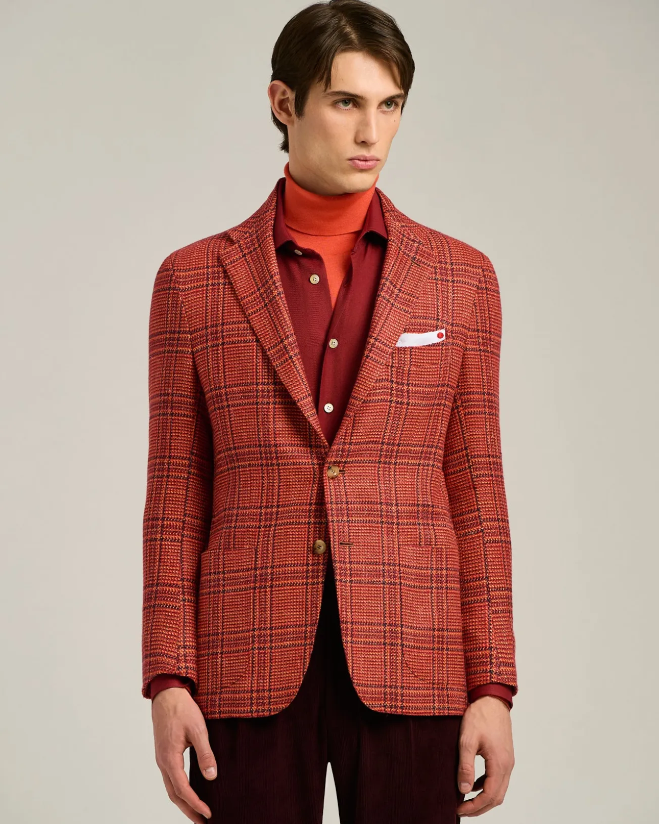 SINGLE-BREASTED RED PRINCE OF WALES JACKET IN CASHMERE