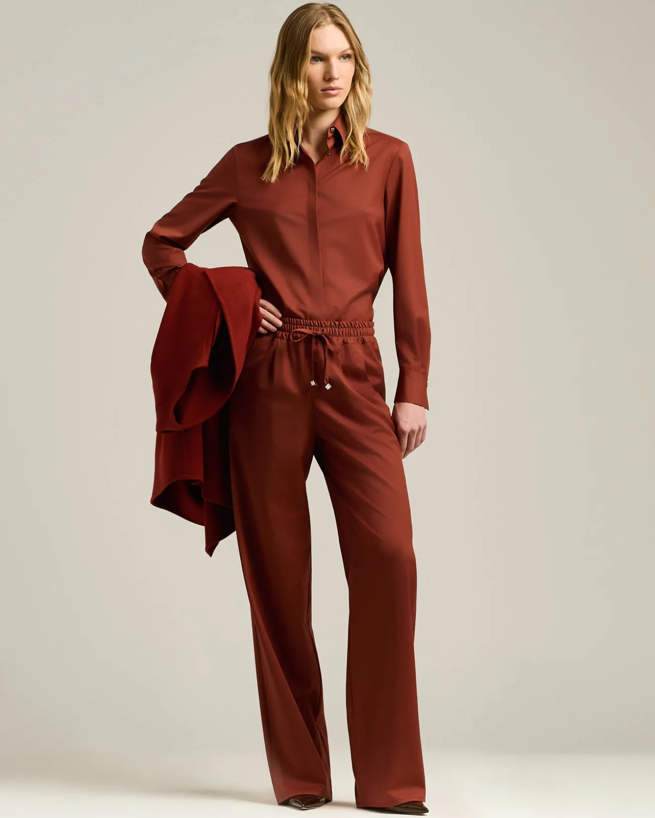 TERRACOTTA WOOL PALAZZO TROUSERS WITH ELASTIC WAIST