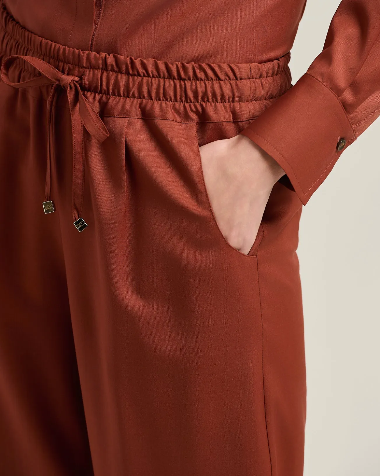 TERRACOTTA WOOL PALAZZO TROUSERS WITH ELASTIC WAIST