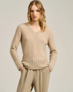 V-NECK OPENWORK SWEATER IN CASHMERE AND SILK BEIGE