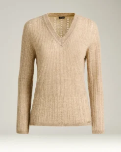 V-NECK OPENWORK SWEATER IN CASHMERE AND SILK BEIGE