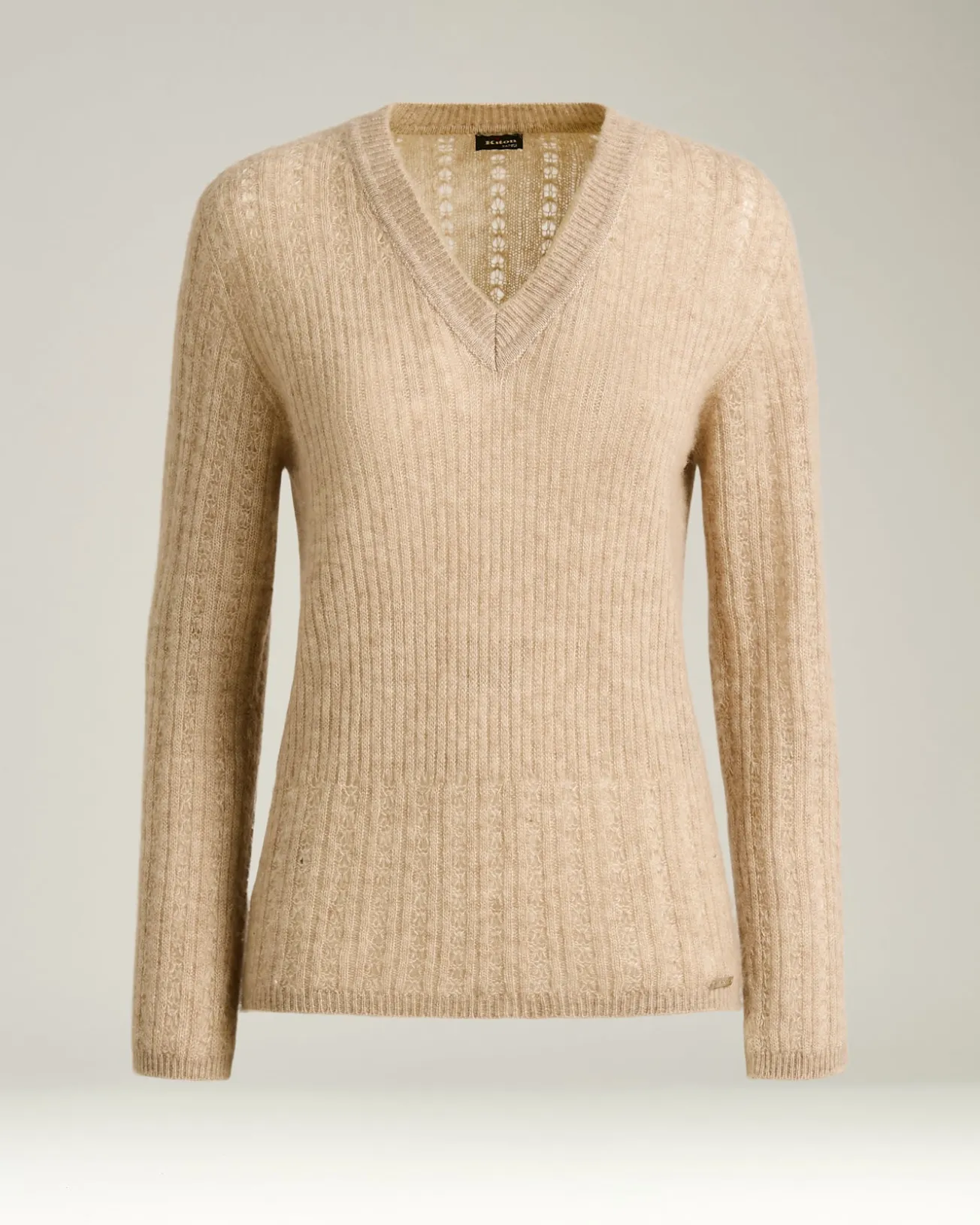 V-NECK OPENWORK SWEATER IN CASHMERE AND SILK BEIGE