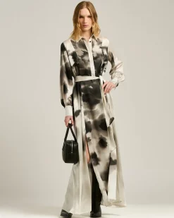 WHITE AND BLACK PRINTED LONG SILK SHIRT DRESS