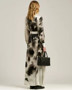 WHITE AND BLACK PRINTED LONG SILK SHIRT DRESS