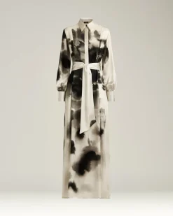 WHITE AND BLACK PRINTED LONG SILK SHIRT DRESS