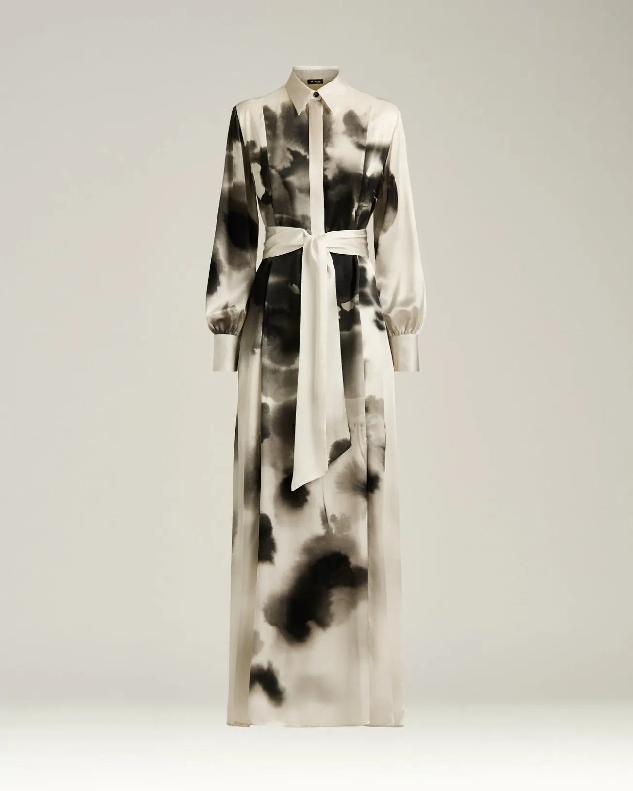 WHITE AND BLACK PRINTED LONG SILK SHIRT DRESS