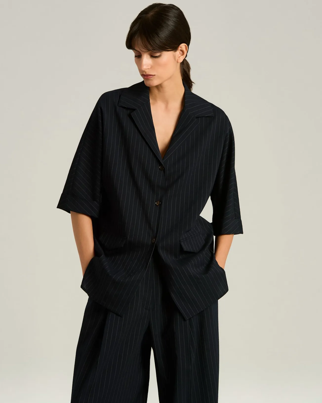 WOOL SHIRT WITH BLACK STRIPED PATTERN