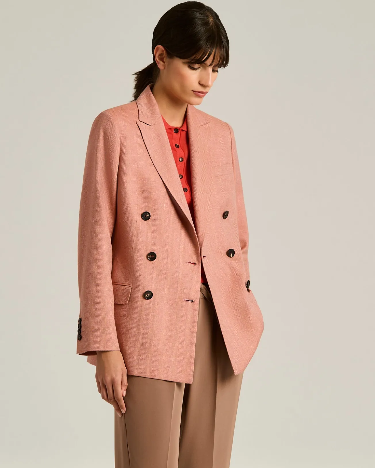 WOOL, SILK AND LINEN BLEND TAILORED DOUBLE-BREASTED JACKET ROSE